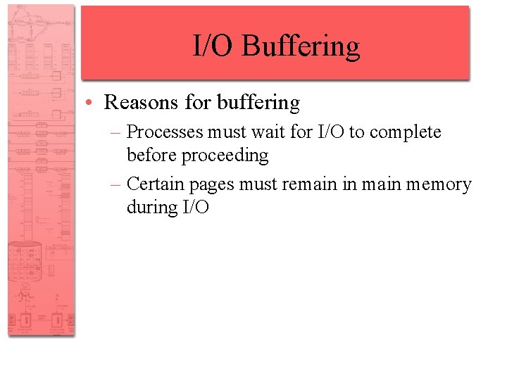 I/O Buffering • Reasons for buffering – Processes must wait for I/O to complete