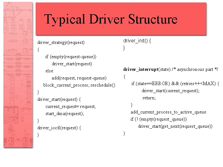 Typical Driver Structure driver_strategy(request) { if (empty(request-queue)) driver_start(request) else add(request, request-queue) block_current_process; reschedule() }