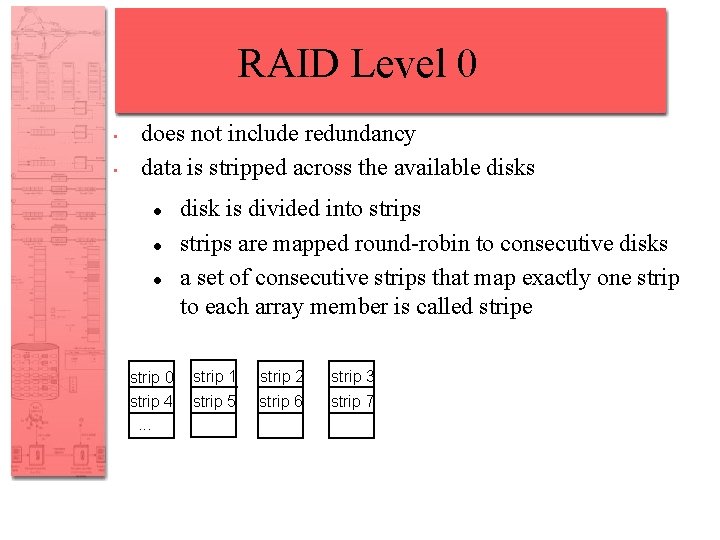 RAID Level 0 • • does not include redundancy data is stripped across the