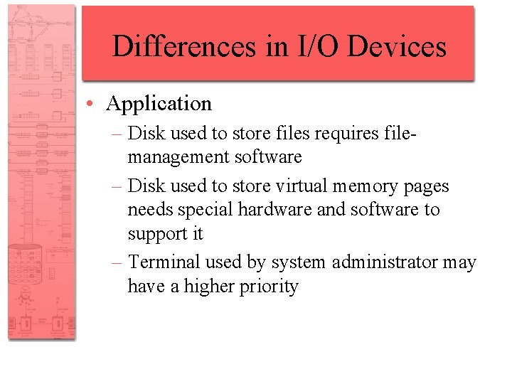 Differences in I/O Devices • Application – Disk used to store files requires filemanagement