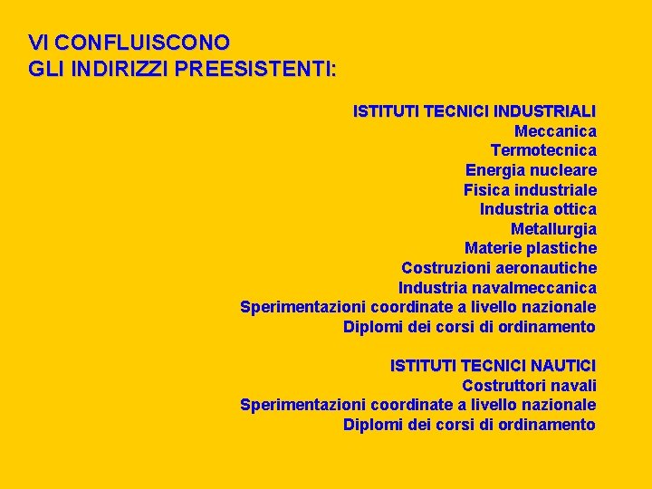 VI CONFLUISCONO GLI INDIRIZZI PREESISTENTI: ISTITUTI TECNICI INDUSTRIALI Meccanica Termotecnica Energia nucleare Fisica industriale