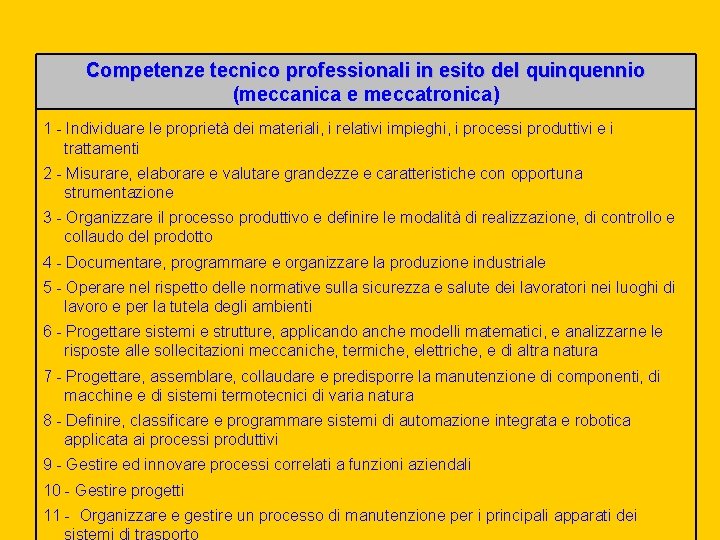 Competenze tecnico professionali in esito del quinquennio (meccanica e meccatronica) 1 - Individuare le