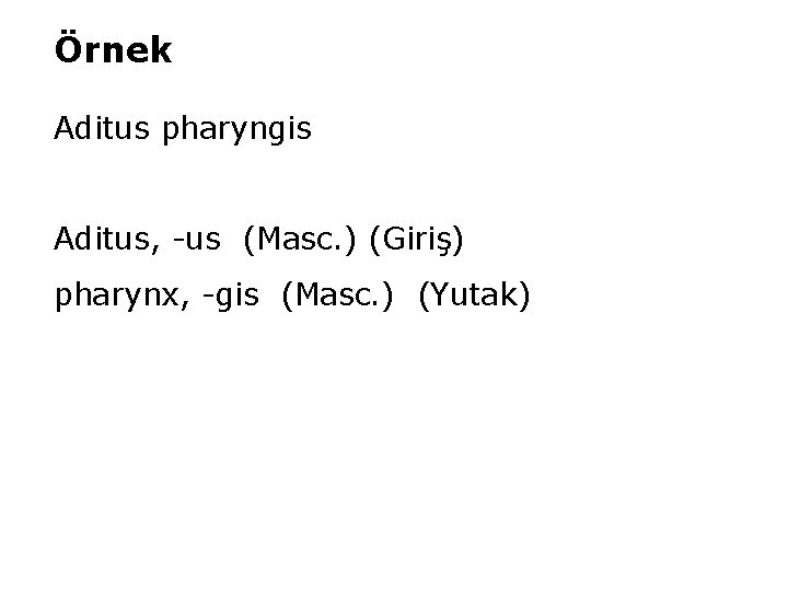 Örnek Aditus pharyngis Aditus, -us (Masc. ) (Giriş) pharynx, -gis (Masc. ) (Yutak) 