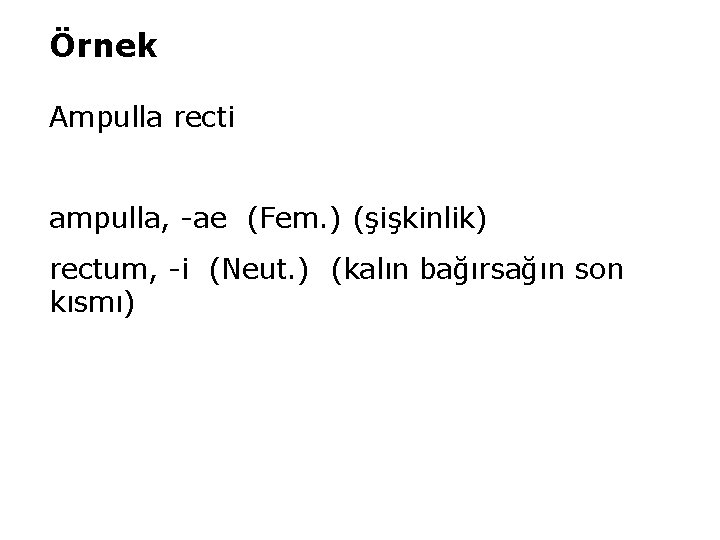 Örnek Ampulla recti ampulla, -ae (Fem. ) (şişkinlik) rectum, -i (Neut. ) (kalın bağırsağın