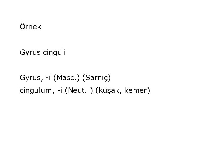 Örnek Gyrus cinguli Gyrus, -i (Masc. ) (Sarnıç) cingulum, -i (Neut. ) (kuşak, kemer)