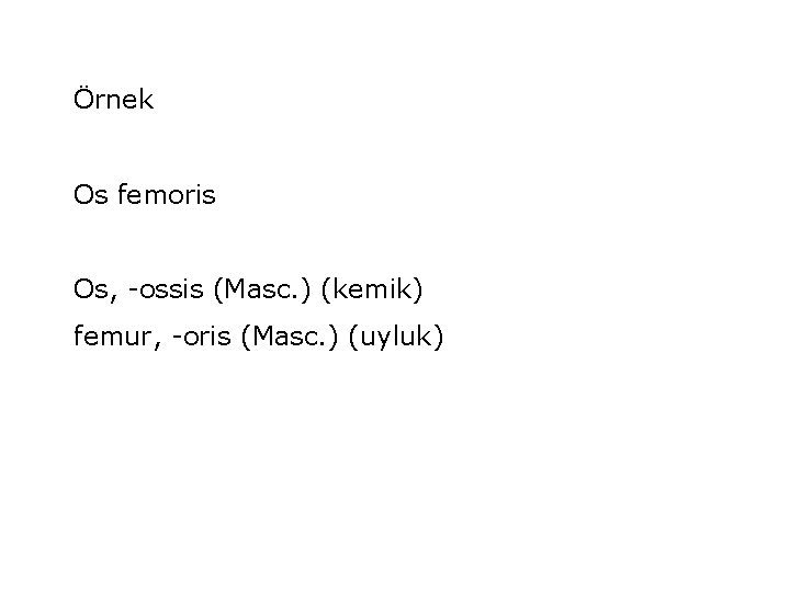 Örnek Os femoris Os, -ossis (Masc. ) (kemik) femur, -oris (Masc. ) (uyluk) 