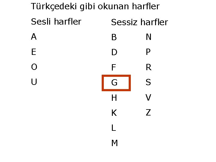 Türkçedeki gibi okunan harfler Sesli harfler Sessiz harfler A B N E D P