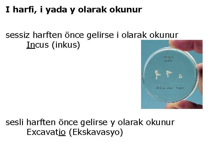 I harfi, i yada y olarak okunur sessiz harften önce gelirse i olarak okunur