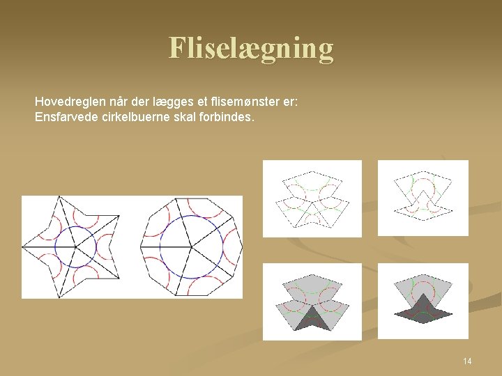 Fliselægning Hovedreglen når der lægges et flisemønster er: Ensfarvede cirkelbuerne skal forbindes. 14 Fliselægning Hovedreglen når der lægges et flisemønster er: Ensfarvede cirkelbuerne skal forbindes. 14