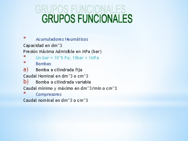 * Acumuladores Neumáticos Capacidad en dm^3 Presión Máxima Admisible en MPa (bar) * Un