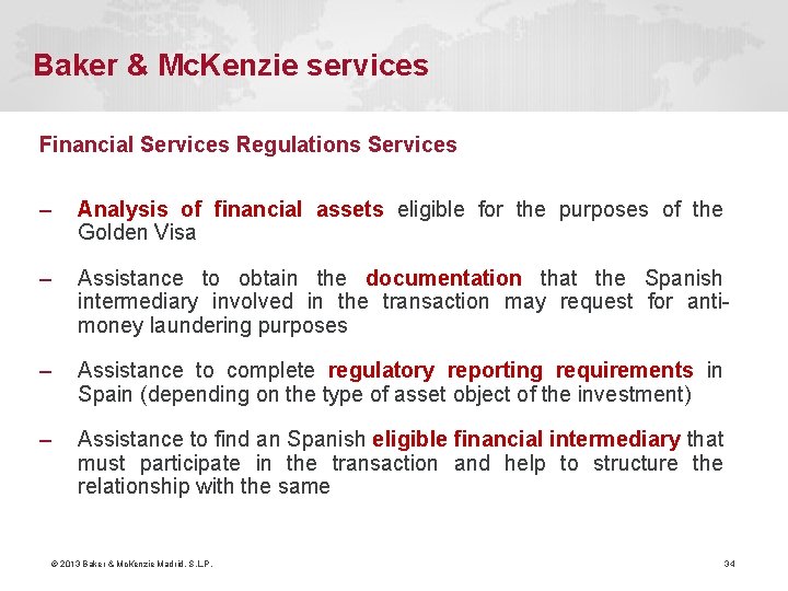 Baker & Mc. Kenzie services Financial Services Regulations Services – Analysis of financial assets