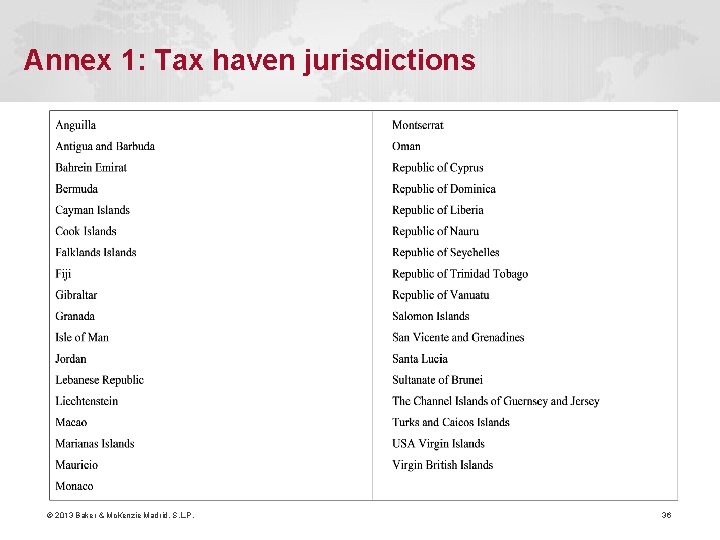 Annex 1: Tax haven jurisdictions © 2013 Baker & Mc. Kenzie Madrid, S. L.