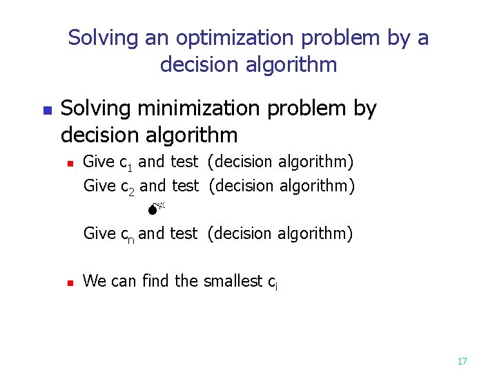 Solving an optimization problem by a decision algorithm n Solving minimization problem by decision