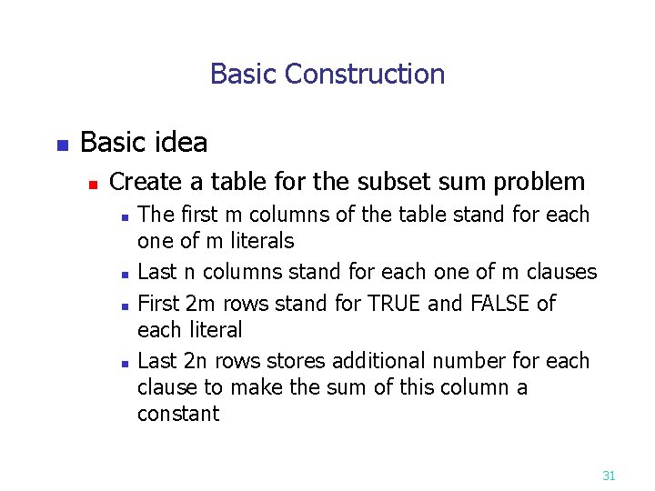 Basic Construction n Basic idea n Create a table for the subset sum problem