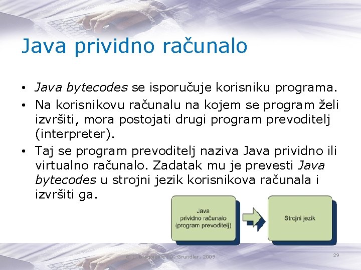 Java prividno računalo • Java bytecodes se isporučuje korisniku programa. • Na korisnikovu računalu