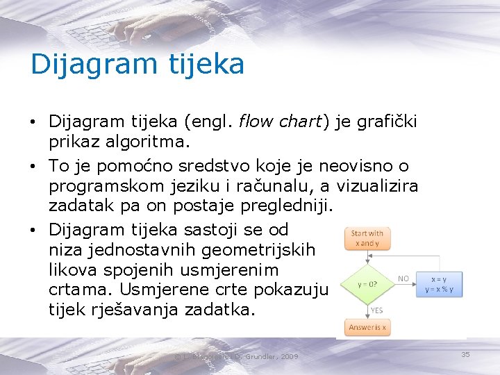 Dijagram tijeka • Dijagram tijeka (engl. flow chart) je grafički prikaz algoritma. • To