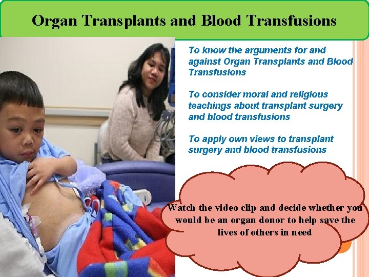 Organ Transplants and Blood Transfusions To know the arguments for and against Organ Transplants