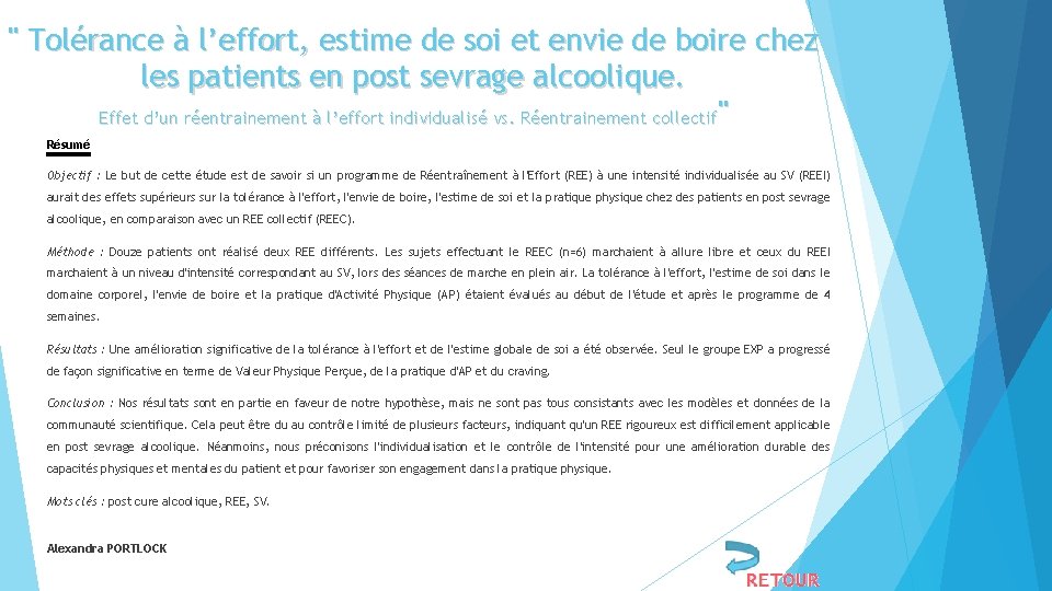 " Tolérance à l’effort, estime de soi et envie de boire chez les patients