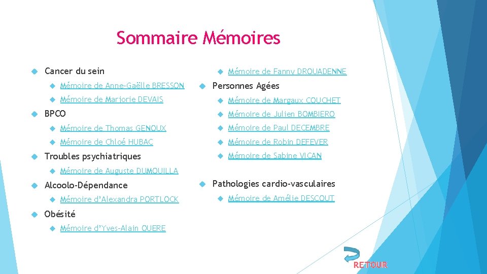 Sommaire Mémoires Cancer du sein Mémoire de Anne-Gaëlle BRESSON Mémoire de Marjorie DEVAIS Mémoire