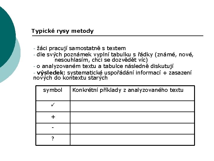 Typické rysy metody žáci pracují samostatně s textem - dle svých poznámek vyplní tabulku