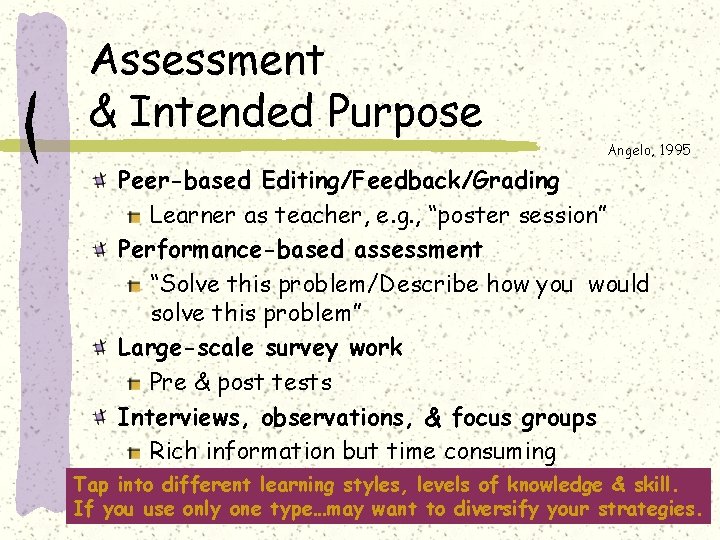 Assessment & Intended Purpose Angelo, 1995 Peer-based Editing/Feedback/Grading Learner as teacher, e. g. ,
