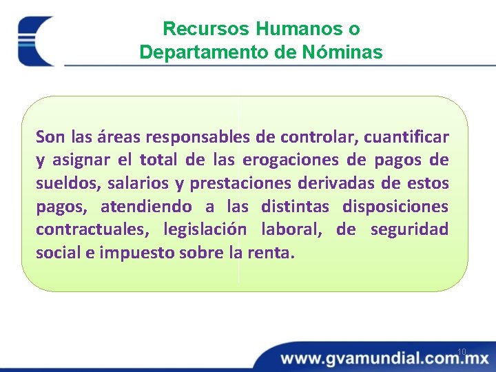 Recursos Humanos o Departamento de Nóminas Son las áreas responsables de controlar, cuantificar y