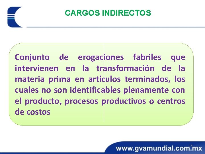 CARGOS INDIRECTOS Conjunto de erogaciones fabriles que intervienen en la transformación de la materia