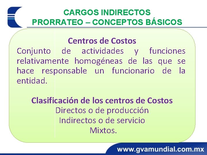 17 CARGOS INDIRECTOS PRORRATEO – CONCEPTOS BÁSICOS Centros de Costos Conjunto de actividades y