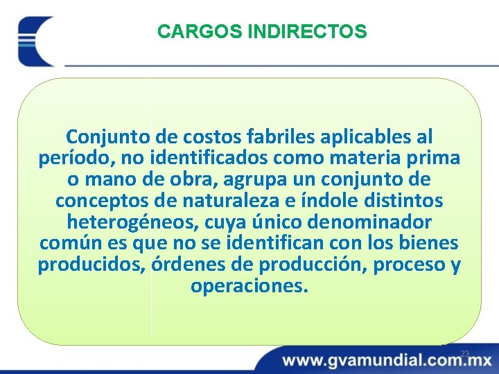 CARGOS INDIRECTOS Conjunto de costos fabriles aplicables al período, no identificados como materia prima