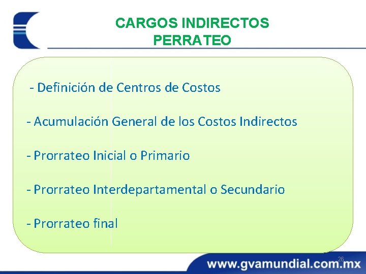 CARGOS INDIRECTOS PERRATEO - Definición de Centros de Costos - Acumulación General de los