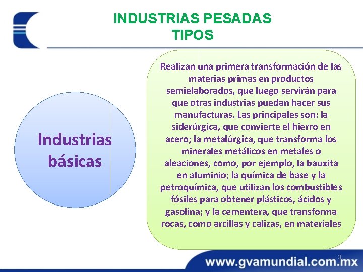 INDUSTRIAS PESADAS TIPOS Industrias básicas Realizan una primera transformación de las materias primas en