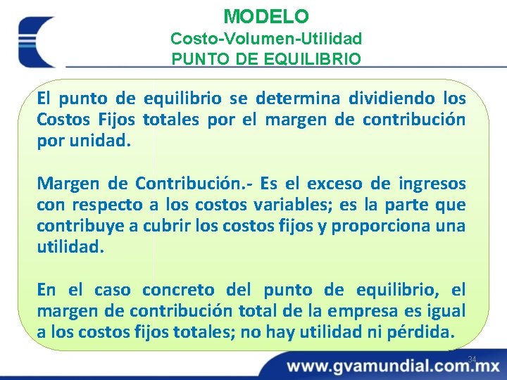 MODELO Costo-Volumen-Utilidad PUNTO DE EQUILIBRIO El punto de equilibrio se determina dividiendo los Costos