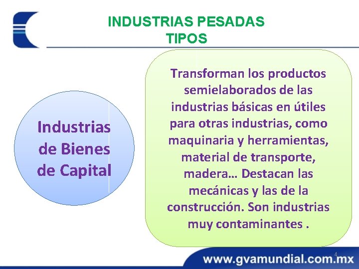 INDUSTRIAS PESADAS TIPOS Industrias de Bienes de Capital Transforman los productos semielaborados de las