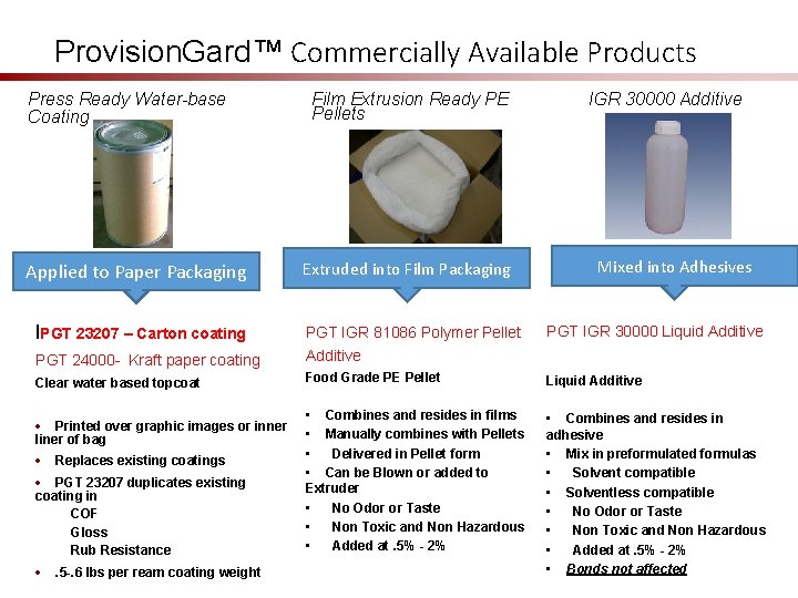 Provision. Gard™ Commercially Available Products Press Ready Water-base Coating Applied to Paper Packaging l.