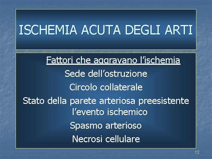 ISCHEMIA ACUTA DEGLI ARTI Fattori che aggravano l’ischemia Sede dell’ostruzione Circolo collaterale Stato della