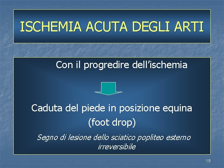 ISCHEMIA ACUTA DEGLI ARTI Con il progredire dell’ischemia Caduta del piede in posizione equina
