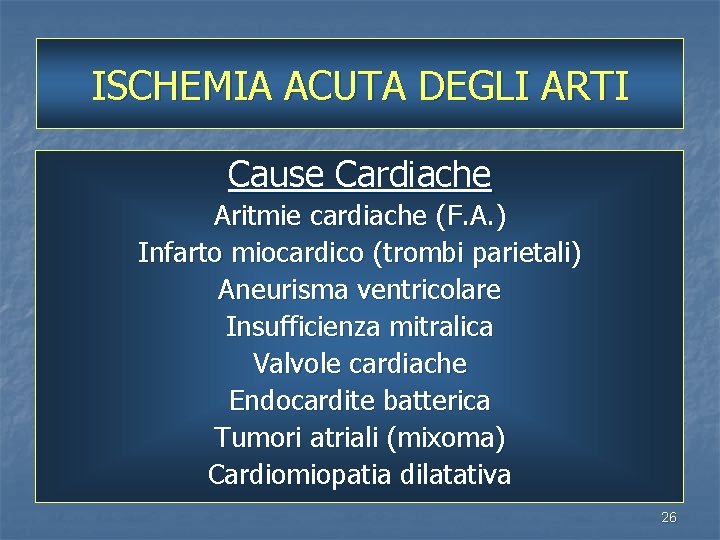 ISCHEMIA ACUTA DEGLI ARTI Cause Cardiache Aritmie cardiache (F. A. ) Infarto miocardico (trombi