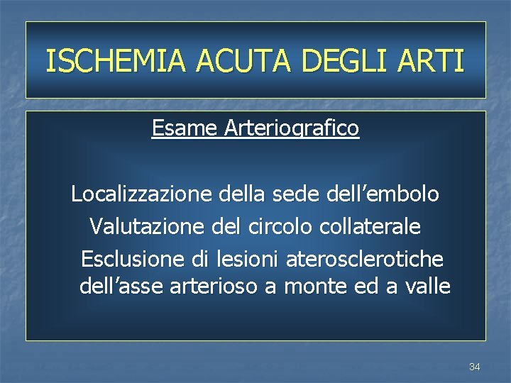 ISCHEMIA ACUTA DEGLI ARTI Esame Arteriografico Localizzazione della sede dell’embolo Valutazione del circolo collaterale
