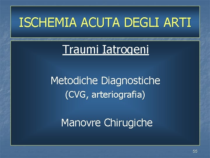 ISCHEMIA ACUTA DEGLI ARTI Traumi Iatrogeni Metodiche Diagnostiche (CVG, arteriografia) Manovre Chirugiche 55 