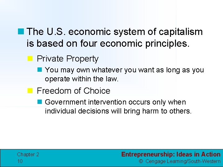 n The U. S. economic system of capitalism is based on four economic principles.