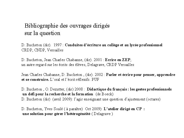 Bibliographie des ouvrages dirigés sur la question D. Bucheton (dir). 1997 : Conduites d’écriture