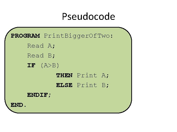 Pseudocode PROGRAM Print. Bigger. Of. Two: Read A; Read B; IF (A>B) THEN Print