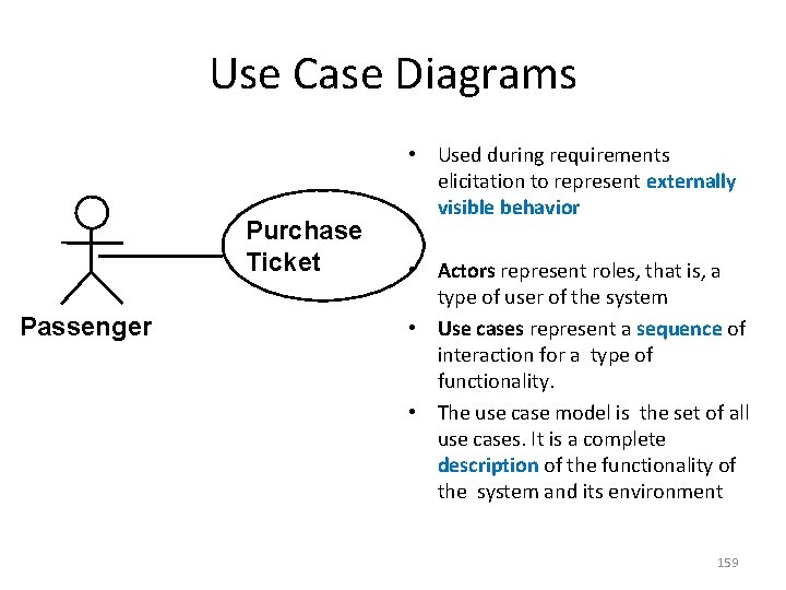 Use Case Diagrams Purchase Ticket Passenger • Used during requirements elicitation to represent externally