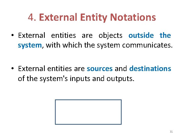4. External Entity Notations • External entities are objects outside the system, with which