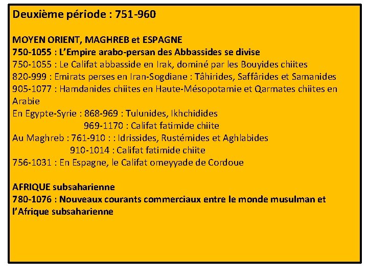 Deuxième période : 751 -960 MOYEN ORIENT, MAGHREB et ESPAGNE 750 -1055 : L’Empire