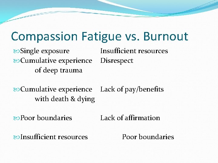 Compassion Fatigue vs. Burnout Single exposure Cumulative experience of deep trauma Insufficient resources Disrespect