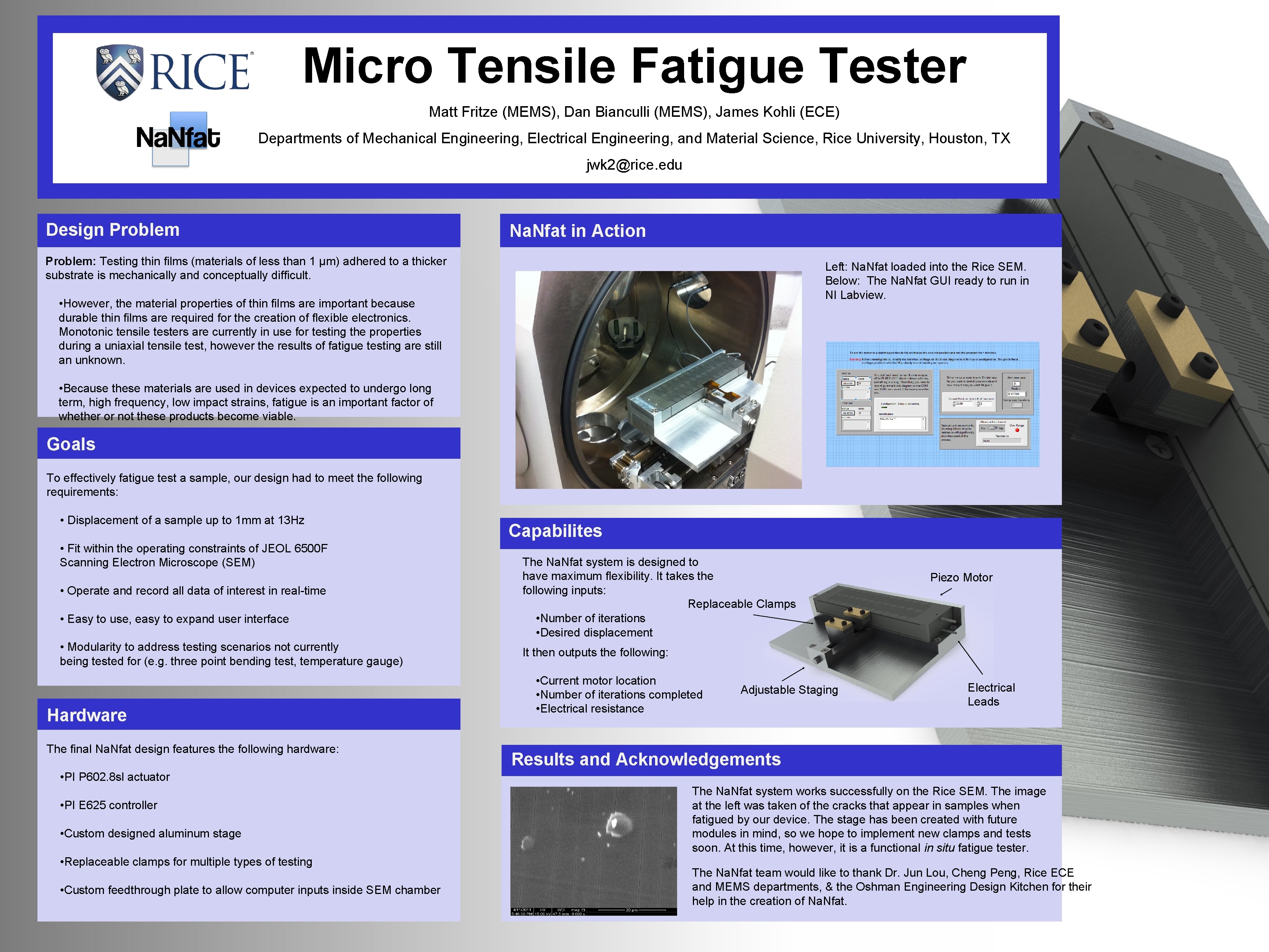 Micro Tensile Fatigue Tester Matt Fritze (MEMS), Dan Bianculli (MEMS), James Kohli (ECE) Departments