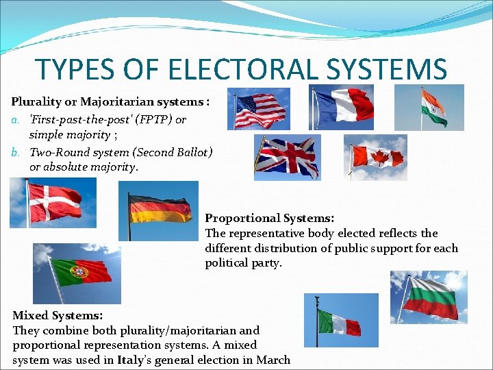 TYPES OF ELECTORAL SYSTEMS Plurality or Majoritarian systems : a. 'First-past-the-post' (FPTP) or simple