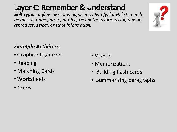 Layer C: Remember & Understand Skill Type: : define, describe, duplicate, identify, label, list,