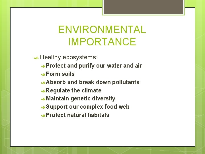 ENVIRONMENTAL IMPORTANCE Healthy ecosystems: Protect and purify our water and air Form soils Absorb